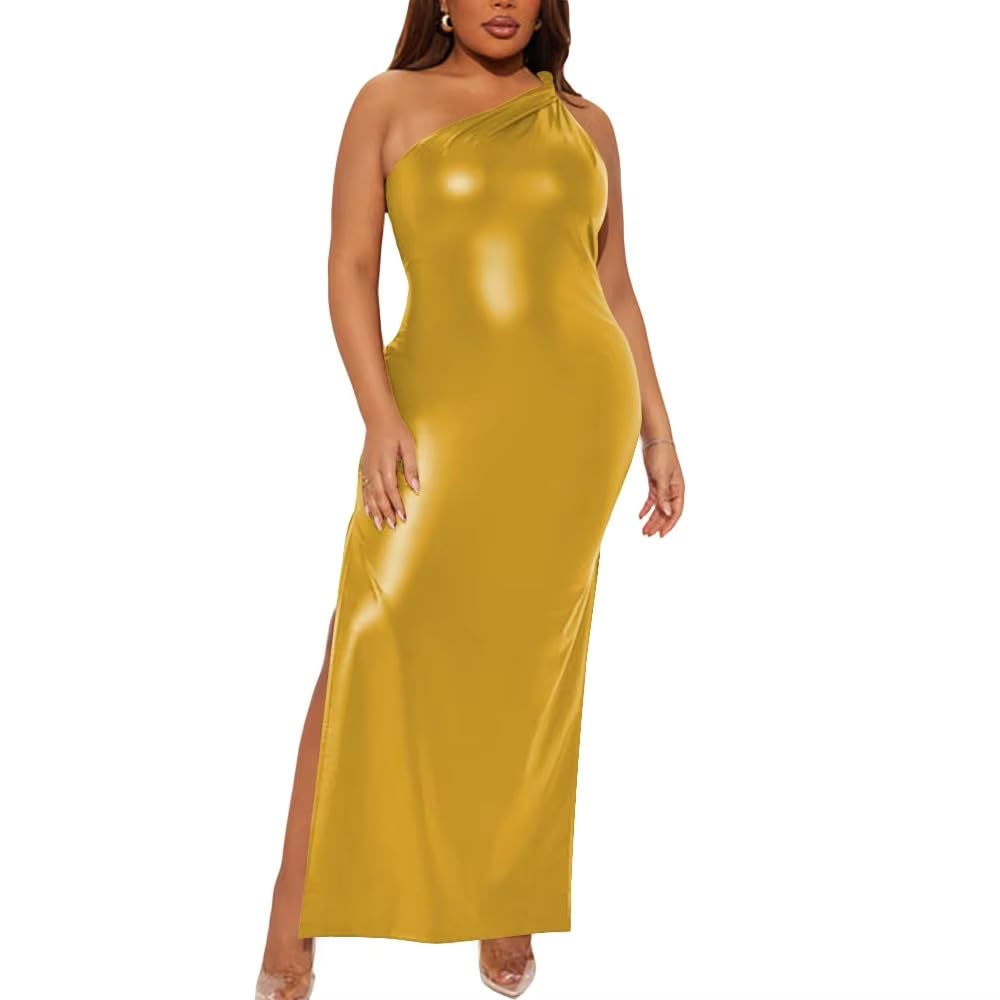 Robe Moulante à Une épaule en Cuir PU Mat Robe Gothique sans Manches à Fente Haute
