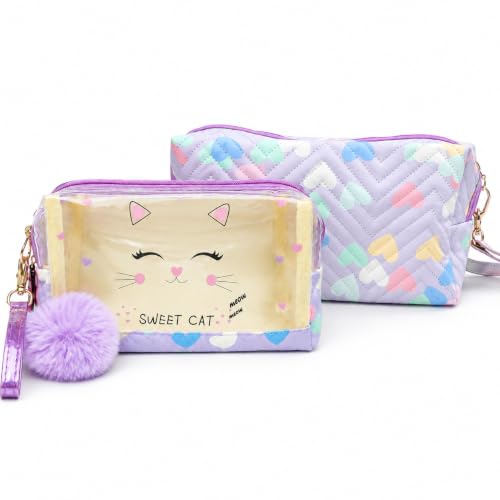 Necessaire Feminina Transparente, Pompom e Alça de Mão Estojo Organizador para Maquiagem, Material Escolar e Viagem