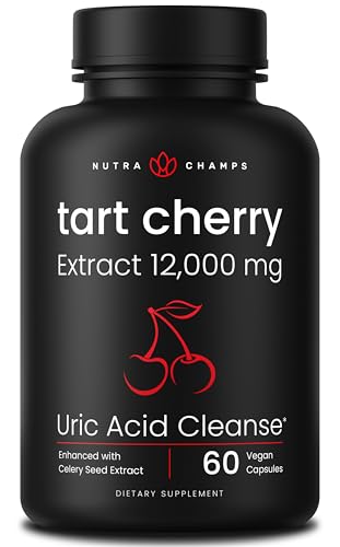 NutraChamps Organic Tart Cherry Extract Capsules 12,000mg - Made from Montmorency Tart Cherry Concentrate, Celery Seed & Bilberry - Uric Acid Cleanse & Joint Support - Vegan Capsules