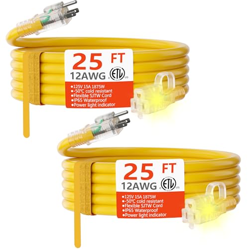 HUANCHAIN 12/3 25ft 2 Pack Heavy Duty Outdoor Extension Cord 25 ft Waterproof with Lighted end, Flexible Cold-Resistant 3 Prong Electric Cord Outside, 15Amp 1875W 12AWG SJTW, Yellow, ETL