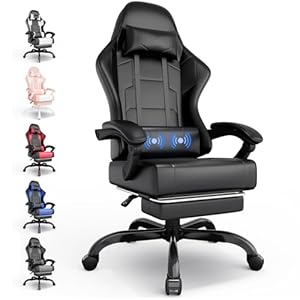 Gaming Stuhl Massage, Ergonomischer Bürostuhl mit Fußstütze, 90-135°Verstellbare Rückenlehne, Gamingsessel mit Kopfstütze und Lendenkissen, Gamingstuhl 150KG Belastbarkeit, Schwarz