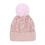 LEOMOSTE Women Girls Winter Sequin Beanie Hat with Faux Fur Pom Pom Knit Skull Cap Light-Pink