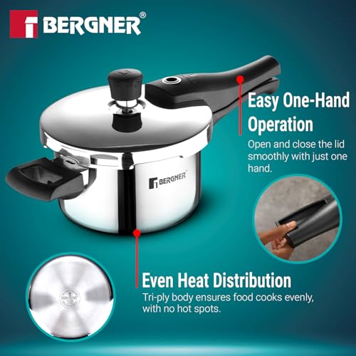 Image of Bergner Argent Elements Triply Stainless Steel 1.5 L Outer Lid Pressure Cooker, Healthy Cooking, Even Heat Distribution, Sturdy Handle, Easy Lock System, Safety Gasket - Induction and Gas Stove Ready