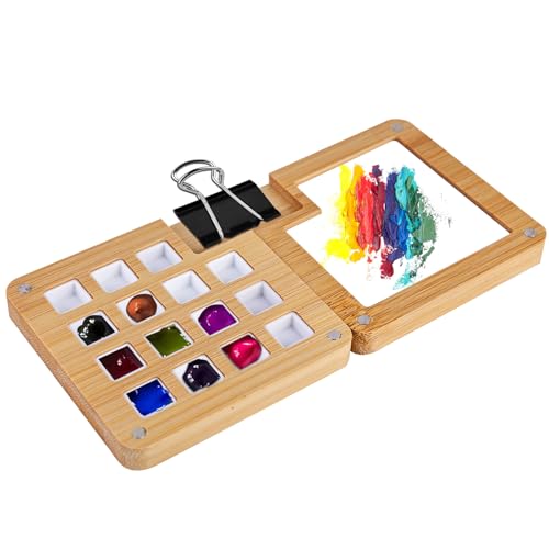 HOMURY Paleta de bocetos de madera: mini viaje 15 cuadrículas, caja de acuarela vacía, tapa plegable y paleta de mezcla, para pintura de acuarela, pintura acrílica