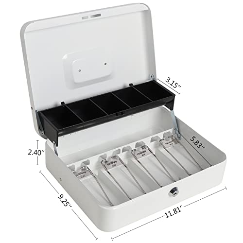 Image of Metal Cantilever Cash Box with Key Lock, Decaller Large Lock Money Box - 5 Compartments & 4 Spring-loaded Clips for Bills, White, 11 4 /5 inch x 9 2 /5 inch x 3 1 /2 inch, QH3010L