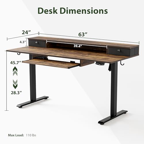 Image of Agilestic Electric Standing Desk with 2 Drawers and Keyboard Tray, 63 x 24 Inches Ergonomic Adjustable Height Desk with Storage, Sit Stand up Computer Workstation, Rustic Brown