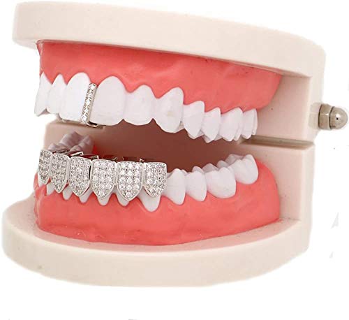 canjoyn 18K Gold Silver Pave Full CZ Bar Grillz Teeth Top and 6 Bottom Set Grills + Extra Molding Bars3