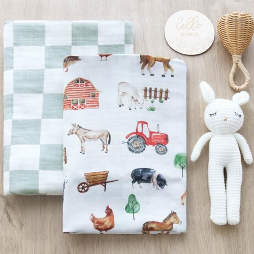 Image of LifeTree Muslin Swaddle Blankets, Farm Animals Baby Swaddling Wrap Nursery Receiving Blanket for Boys & Girls, Soft 70% Viscose from Bamboo and 30% Cotton, Large 47 x 47 inches