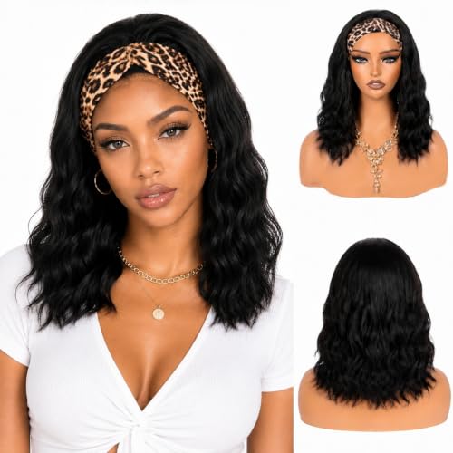 Nokjag Headband Wig for Black Women Short Wavy Synthetic Curly Half Wig 14"
