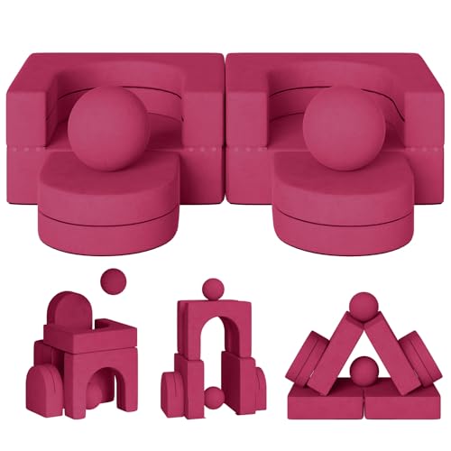 Image of linor Kids Couch 8PCS, kids modular couch Toddler with 2 balls, Kids Couch Play Set 8 in 1 foam sofa kids (Rose Red)