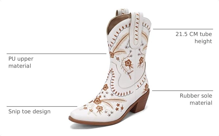 Image of Womens Embroidered Cowgirl Boots Pull On Cowboy Boots for Women Floral Low Chunky Heel Western Boots