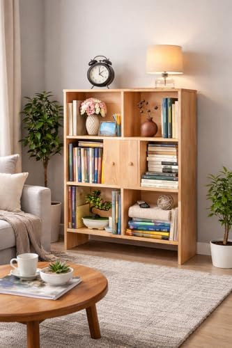 Image of 7 Cube Storage Organizer Wooden Bookshelf, 7 Cube Shelf Bookcase, Small Bookshelf Storage Organizer, 7 Cube Storage Shelf for Bedroom, Small Bookshelf for Living Room and Office (Natural, 7)