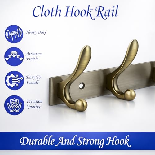 Image of Exclusive Extra Long 40 cm Antique Brass 6 Pin Metal Bathroom Cloth Hooks Hanger Door Wall Robe Hooks Rail for Hanging Keys,Clothes,Towel (2, Antique)