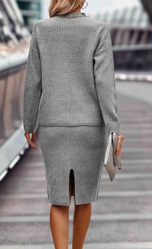 Image of Women 2 Piece Knit Sweater Skirt Set Midi Sweater Dress Long Sleeve Pullover Bodycon Knitted Skirt Set Outfit