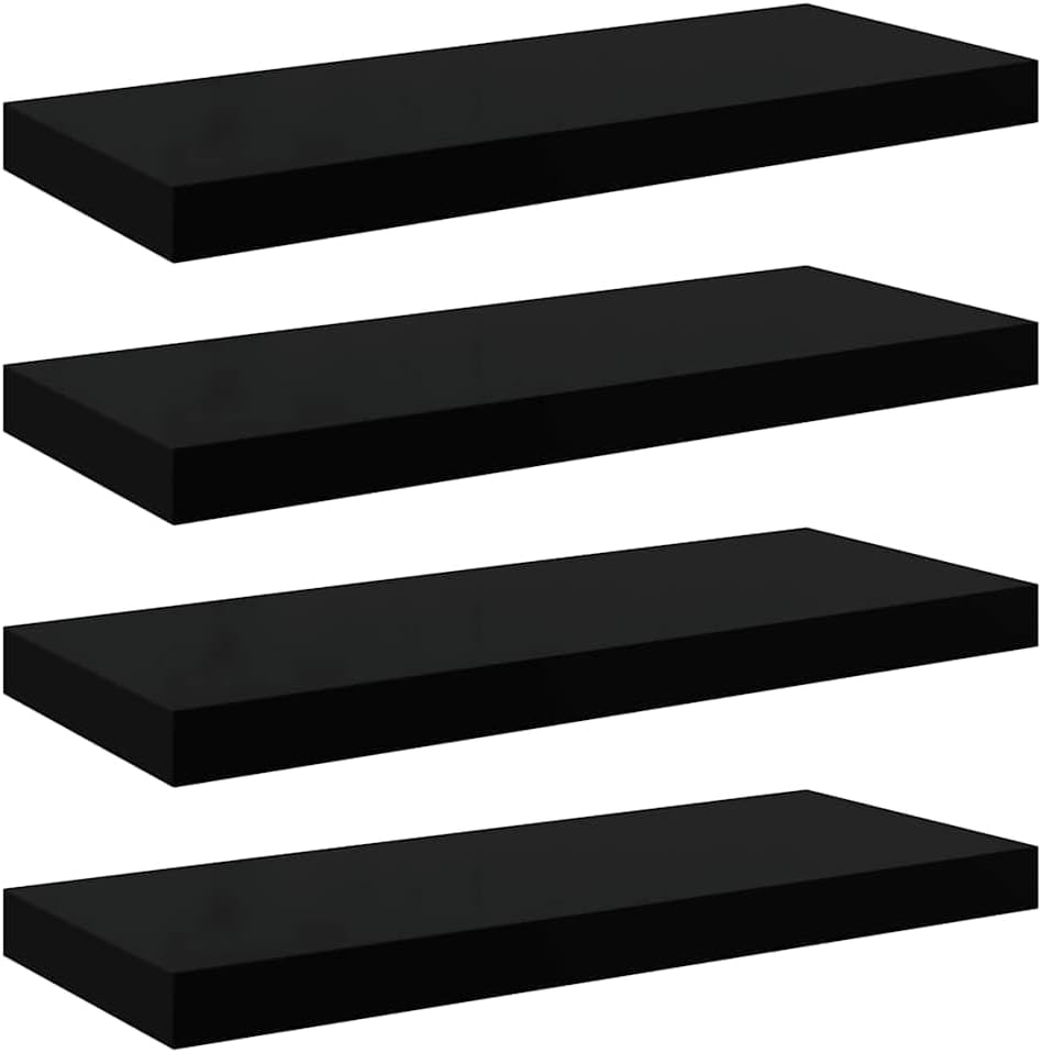 Floating Wall Shelf Set of 4, High Gloss Black Honeycomb MDF, Modern Metal Frame, 23.6 Inch Display Ledge for Living Room, Bedroom, Bathroom Decor