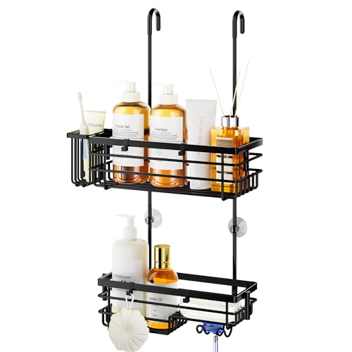 HapiRm Hanging Shower Caddy Organizer - No Drilling Shower Shelves with Hooks and Toothbrush Holder, Rustproof 304 Stainless Steel Bathroom Organizer - Black