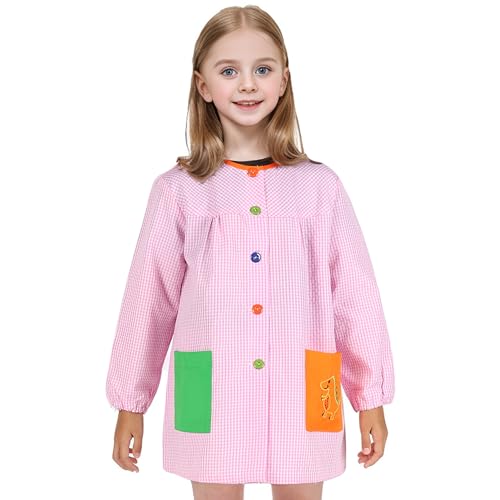 H Hansel Home Bata Escolar Infantil Con Botones Para 6-7 Años, Babi Infantil Bata Con Dos Bolsillos Niño Y Niña Para Guarderia Y Colegio - Rosa, Talla 5(6-7 Años)