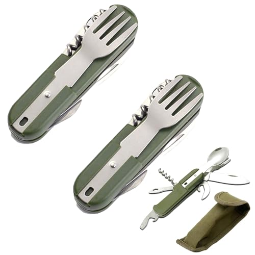Snowtain Lot de 2 couverts de camping en acier inoxydable avec sac de ceinture, couverts pliants en acier inoxydable, couverts de survie en plein air,...