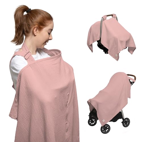 Image of Nilsa 5-in-1 Muslin Nursing Cover up for Breastfeeding & Baby Car Seat Cover - Breathable Breastfeeding Cover With Rigid Hoop - 100% Cotton Privacy Apron Breast Feeding Covers For Women (Blush)
