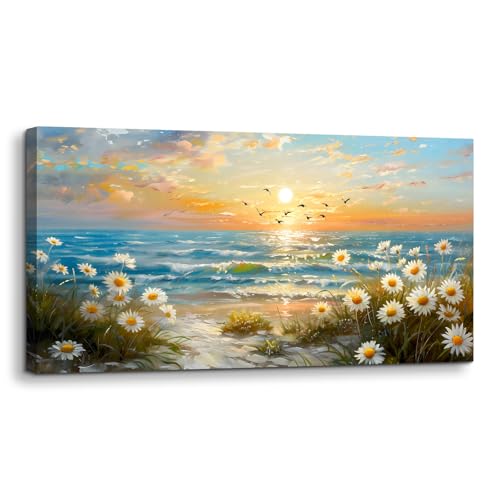 SERIMINO Large Canvas Wall Art Prints, Ocean Sunset Landscape Canvas Prints Paintings, Coastal Daisy Paintings Decor, Seaside Wildflowers Wall Decor for Bedroom Living Room Dining Room 20"X40"