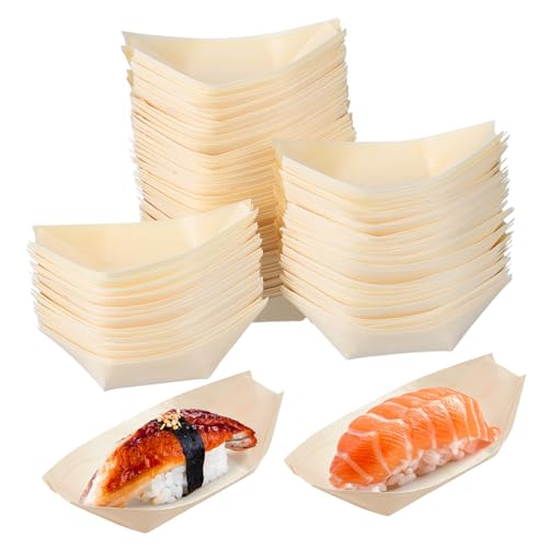 Kichvoe 100PCS Disposable Snack Tray Natural Wood Sushi Boat for Parties Gatherings Events for Desserts Appetizers Salads Design No Clean Up Required