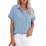 Zidoley Blusa de lino para mujer, blusa de verano de gasa de algodón y lino, camisa larga de manga corta, azul celeste, XL