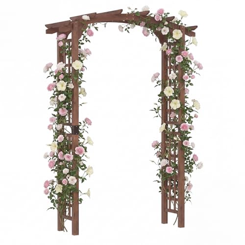 HAPPYGRILL 7.5 FT Wooden Garden Arch Outdoor Garden Arbor Trellis for Climbing Plants Wedding Arch for Ceremonies Parties Solid Wood Backdrop Stand Backyard Pergola Greenhouse Patio Lawn Brown