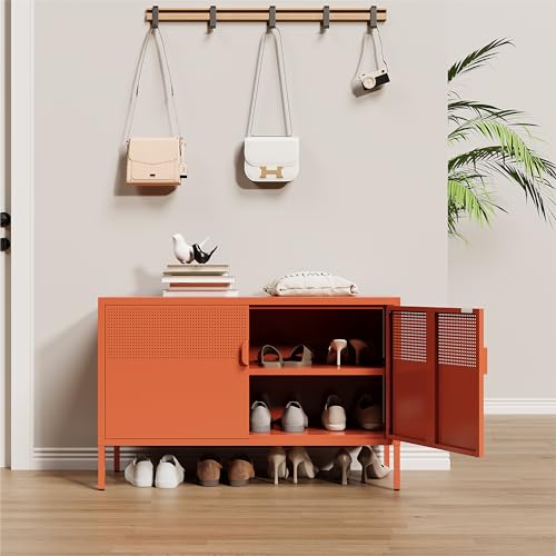 Image of Metal Storage Cabinet,2 Door TV Stand, Metal Mesh Accent Cabinet | Magnetic Door Closure,Low Storage Cabinets with Doors and Shelf for Home,Office,Living Room