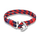 RJGOPL Fashion Navy Style Survival Armbänder Mehrschichtiges Seil Edelstahl Anker Armband für Frauen Handgefertigte Herren Schmuck 21,5 cm Rot Blau
