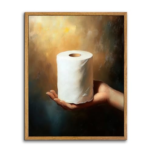 AtterrirArt Framed Funny Bathroom Wall Art, 8 * 10 inch, Hand Holding Toilet Paper Canvas Prints Poster, Vintage Restroom Wall Decor, Minimalist Eclectic Wall Art for Bathroom Toilet, Ready To Hang