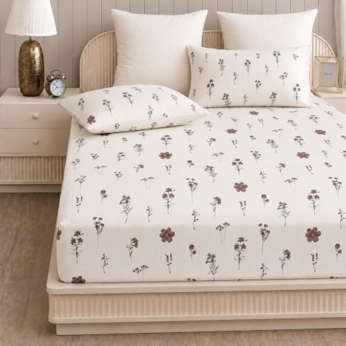 Image of HOMEMONDE King Size Elastic Bedsheet, 100% Pure Cotton Fitted Bedsheet With Two Pillow Covers |186 TC Soft & Breathable Floral Printed Bed Sheet | (78 x 72 Inches Up to 8-Inch Mattress, Prairie Charm)