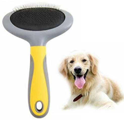 HYSJY Slicker Brush Dogs & Cats Self-Cleaning Grooming Comb Dematting Detangling & Deshedding, Pet Tool Fits Medium Long Hair Coats (Gray-Yellow, Small)