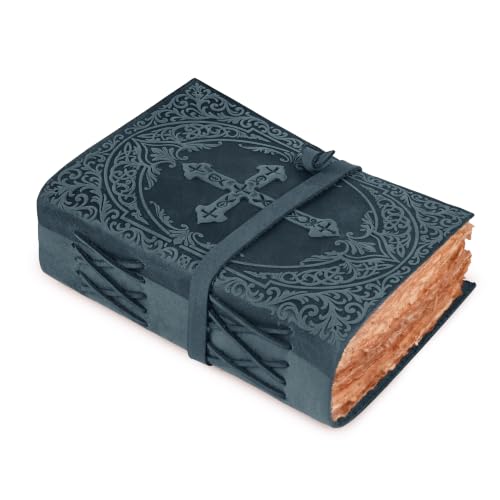 LEATHER VILLAGE Leather Bible Journal Cross Embossed, Navy Blue 7x5.