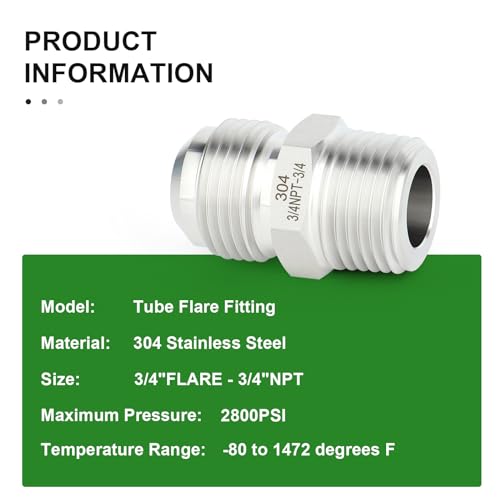 Image of TAISHER 2PCS Forging of 304 Stainless Steel Tube Flare Fittings, 3 /4 inch Male Flare x 3 /4 inch NPT Male, Half Union