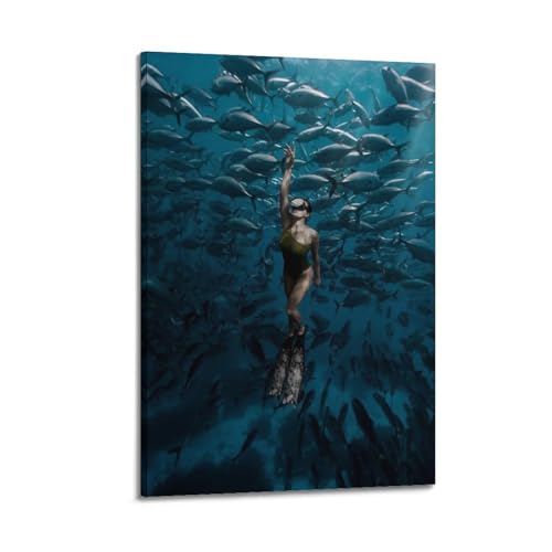 Poster école de poissons sportifs cadre toile déco murale 30x45cm