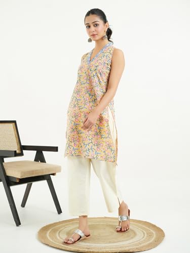 Image of GOODHAND Women Printed Cotton Kurti | Casual Long Kurta | Comfortable Ethnic Wear with Relaxed Fit