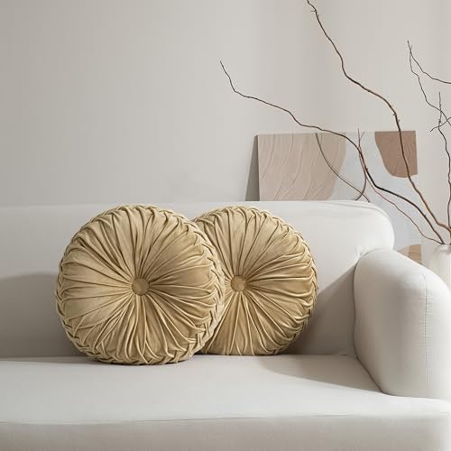 Image of HIG Set of 2 Decorative Round Pleated Throw Pillows,Classy Accent Pumpkin Throw Pillows with Center Button,Vintage Velvet Floor Pillows for Sofa Vanity Chair Bed,Apricot,14.5 inch Diameter(Ripple)