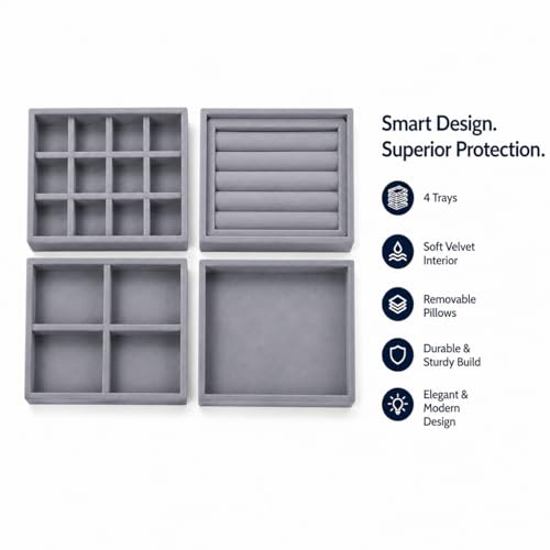 Image of La Trove Set of 4 Stackable Jewelry Organizer Trays for Drawer, Cream Grey | Stackable set of 4 velvet trays for rings, earrings, necklaces, jhumkas and bangles, ideal for drawer jewelry storage