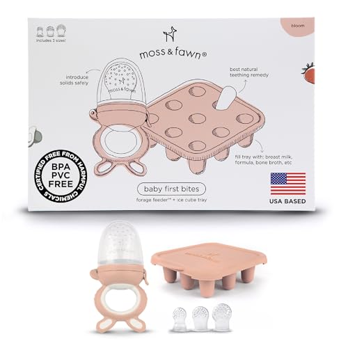 Moss and Fawn Babys First Bites Bundle - Silicone Frozen Breast Milk Popsicle Kit with Forage Feeder & Teething Popsicle Ice Cube Tray - BPA PVC & Lead-Free - Bloom