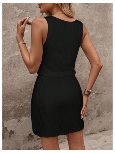 Image of RoseSeek Women's Waffle Knit Belted Tank A Line High Waisted Dresses Square Neck Sleeveless Summer Short Dress