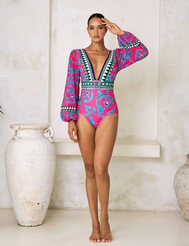 FLAXMAKER Women One Piece Long Sleeve Peacock Totem Print Deep V Neck Belt Two Piece Set Bathing Suit and Sarong2