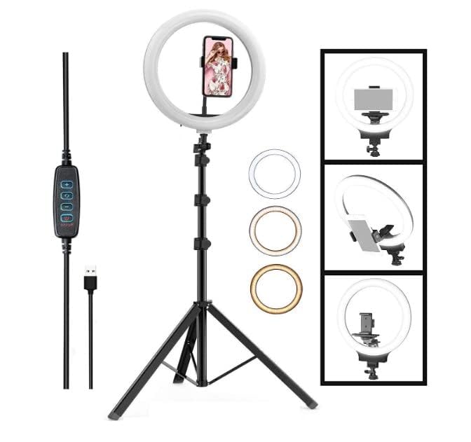 10 inch LED Ring Light with 3 Color Modes Dimmable Lighting for YouTube, Photo-Shoot, Video Shoot, Live Stream, Vlogging, Makeup with Mobile Phone Camera (Ringlight 10inch with 7ft Stand)