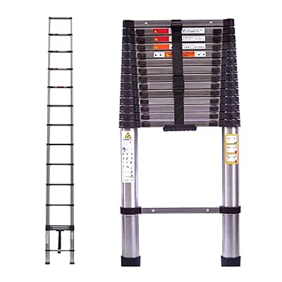 Telescoping Ladder 12.5ft Stainless Steel Folding Extension Ladder Heavy Duty 330lbs Max Load, Adjustable Height Easy to Extend, 2.8ft Folded Size Space Saving for Home Office DIY RV Roof Repair