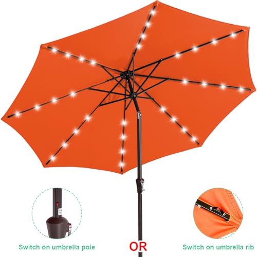 Image of JEAREY 9FT Outdoor Patio Umbrella with Solar Lights, LED Lighted Pool Umbrella with Tilt and Crank, Outdoor Table Umbrellas for Deck, Yard & Market (Orange)