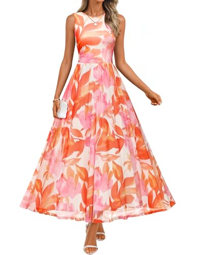 ZESICA Womens Summer Sleeveless Floral Maxi Dress 2026 Casual Crewneck Mesh A Line Flowy Boho Beach Party Long Dresses Orange Medium