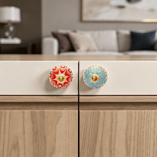 Image of Craft Trade Pack of 10 Round Golden Printed Ceramic Cabinet Knobs - Multicolor
