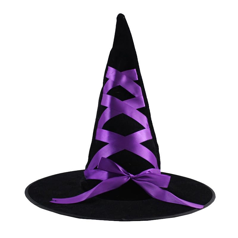 Caprilite Halloween Witch Hat with Decorative Ribbon, Black Velvet, Wizard Hat, Cosplay Accessories, Fits Adults and Children (Purple)