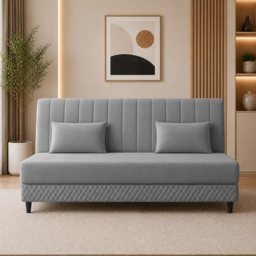 Image of Rosebell Modern 3 Seater Velvet Sofa Cum Bed with Cushion | Premium Upholstered Fabric | Tufted Backrest | Wooden Legs | Living Room Furniture | Grey