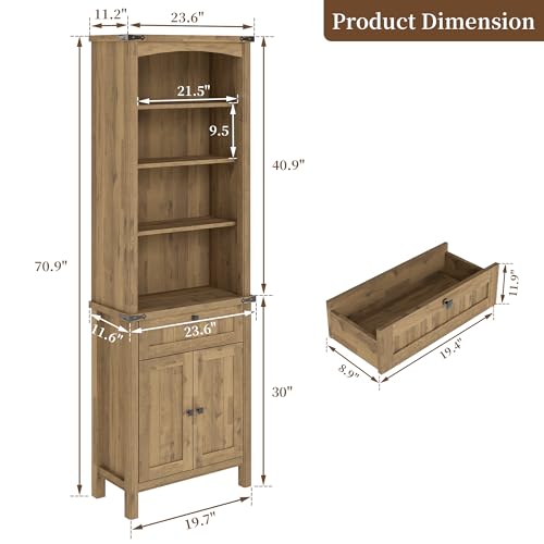ENOUSHU 71" Tall Bookcase Set of 2, Farmhouse Book Shelf with Storage Cabinet, Wood Bookshelf with Adjustable Shelves and Doors, 7-Tier Display Shelf with Drawer for Home Office, Rustic Brown BSF053 の商品画像 1