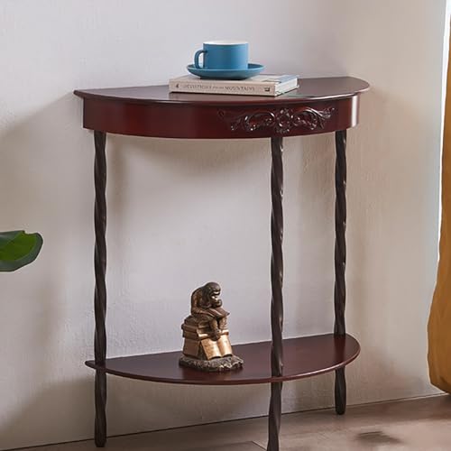 Mesa consola de madera, escritorio de pasillo estrecho, mesa auxiliar media redonda para sala de estar o entrada, diseño de 2 niveles, muebles elegantes de grano de madera